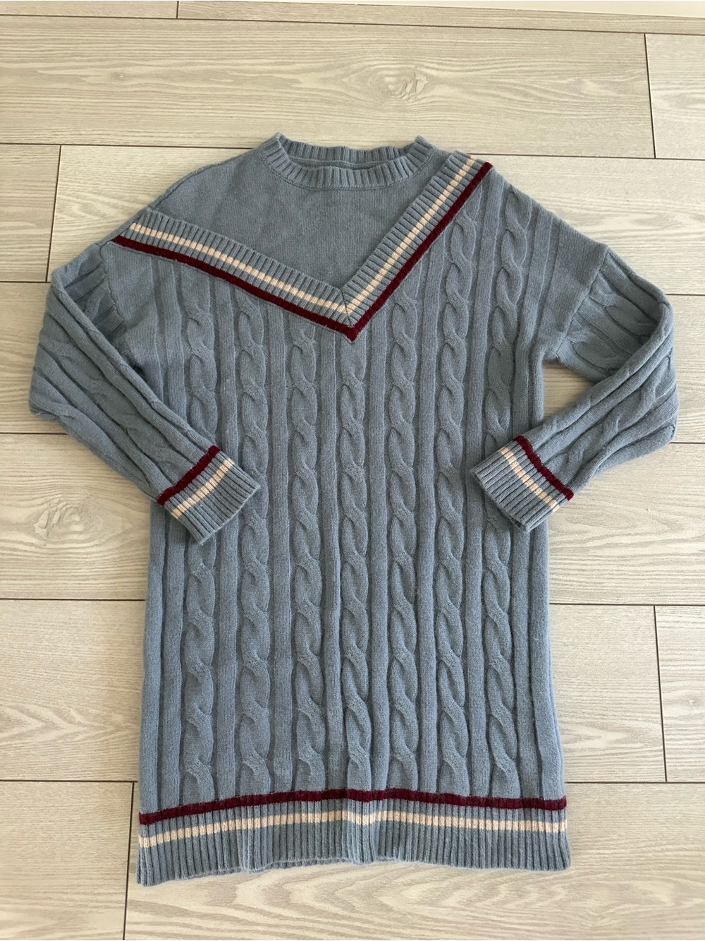 Light Blue Cable Knit Sweater Dress with Stripe Trim